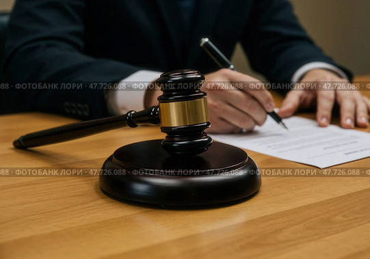 На столе судьи стоит молоток, символизирующий правосудие, в то время как он подписывает важные документы. Наступает момент принятия решения по делу. Стоковое AI-изображение, AI-художник Сергей Никифоров-Гордеев / Фотобанк Лори