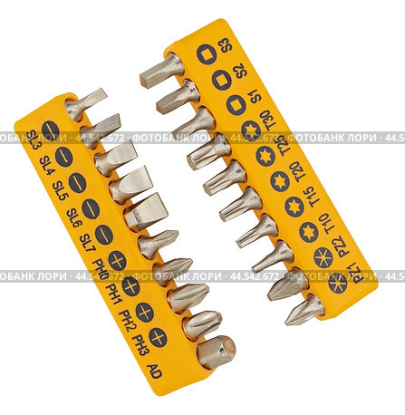 Набор сменных насадок, бит, для отверток. A variety of replaceable nozzles for screwdriver bits. Стоковое фото, фотограф Татьяна Д / Фотобанк Лори