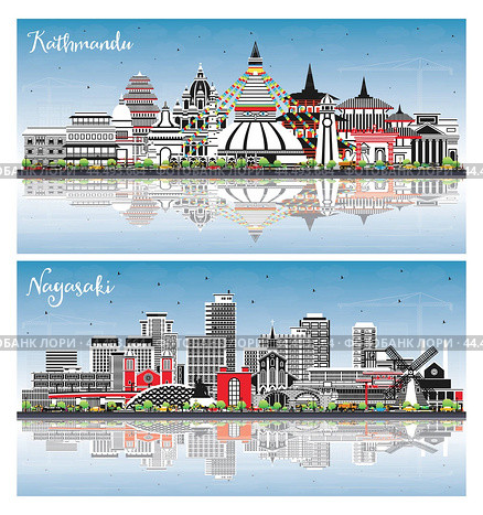 Nagasaki Japan and Kathmandu Nepal City Skyline set with Color Buildings, Blue Sky and Reflections. Illustration. Kathmandu Cityscape with Landmarks. Travel and Tourism Concept. Стоковая иллюстрация, иллюстратор Игорь Сорокин / Фотобанк Лори