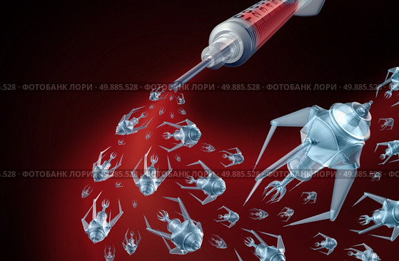 Nano Medical technology and nanotechnology medicine concept as a group of microscopic nano robots or nanobots programed to kill human disease as cancer emerging from a doctor syringe as a futuristic health care cure symbol. Стоковое фото, агентство Ingram Publishing / Фотобанк Лори