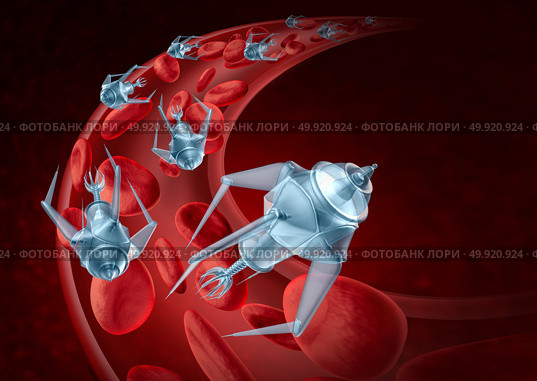 Nanorobots and nanotechnology bioengineering and advanced medical technology concept as nanomedicine robots inside a human artery flowing inside as a treatment for disease as a 3D render. Стоковое фото, агентство Ingram Publishing / Фотобанк Лори