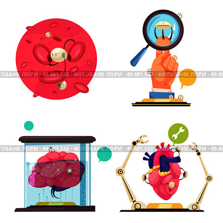 Nanotechnologies 2x2 design concept showing use of nanorobots and microchips in modern medicine flat vector illustration . Nanotechnologies 2x2 design concept. Стоковая иллюстрация, агентство Ingram Publishing / Фотобанк Лори