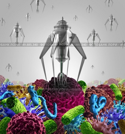 Nanotechnology medical therapy medicine concept as a group of microscopic nano robots or nanobots programed to kill disease as cancer virus and deadly bacteria cells or human disease as a futuristic health care cure symbol. Стоковое фото, агентство Ingram Publishing / Фотобанк Лори