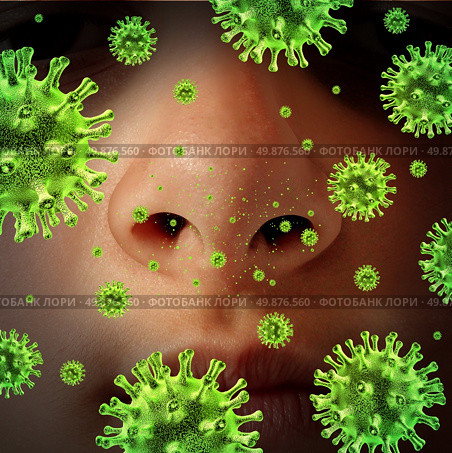 Nasal infection as a contagious sinus disease transmitting a virus with a human nose and nostrils spreading dangerous infectious germs and bacteria while sneezing during a cold or flu symptoms. Стоковое фото, агентство Ingram Publishing / Фотобанк Лори