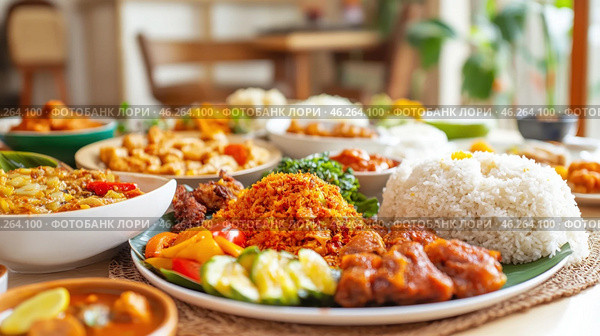 Nasi campur, indonesian rice dish with various side dishes, displayed on table. Стоковое AI-изображение, AI-художник Юрий Поздников / Фотобанк Лори