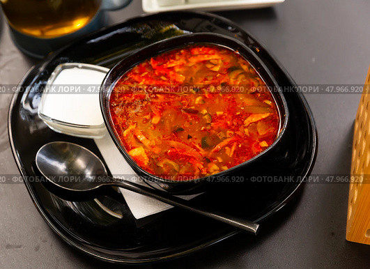 National dish of Russian cuisine is Solyanka soup. Стоковое фото, фотограф Яков Филимонов / Фотобанк Лори