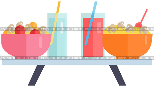 Natural and healthy food, products vector illustration. Diet meals and glasses of drinks on table. Full sized vegetable salads, water and fresh juice. Proper nutrition, diet and cheat meal concept. Diet meals and glasses of drinks on table. Full sized vegetable salads, water and fresh juice. Стоковая иллюстрация, агентство Ingram Publishing / Фотобанк Лори
