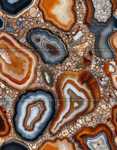 Natural beauty shines through the unique formations and warm hues of agate mineral stones, showcasing a kaleidoscope of patterns that capture attention and inspire creativity Generative AI. Стоковое AI-изображение, AI-художник Юлия Петровская / Фотобанк Лори