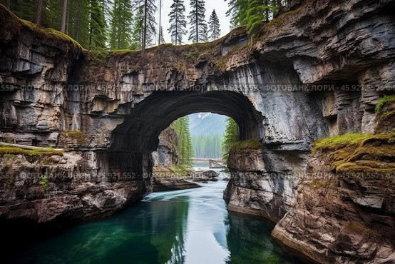 Natural bridge spanning kicking horse river in yoho national park. Стоковое AI-изображение, AI-художник Иван Рябоконь / Фотобанк Лори