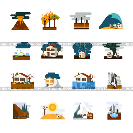 Natural Disaster Flat Icons Set. World worst natural disasters symbols flat pictograms collection with earthquake tsunami and avalanche danger isolated vector illustration. Стоковая иллюстрация, агентство Ingram Publishing / Фотобанк Лори