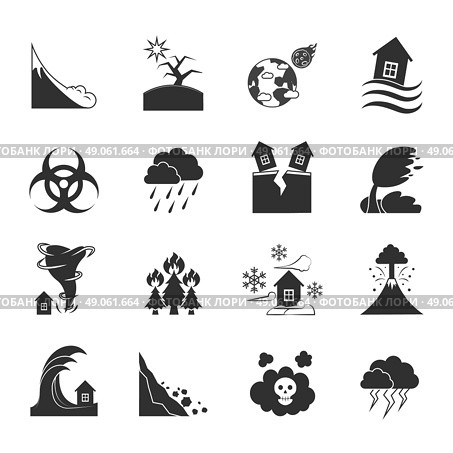 Natural Disasters Monochrome Icons Set . Natural disasters and negative effects icons set drawn in black and white flat style isolated vector illustration. Стоковая иллюстрация, агентство Ingram Publishing / Фотобанк Лори