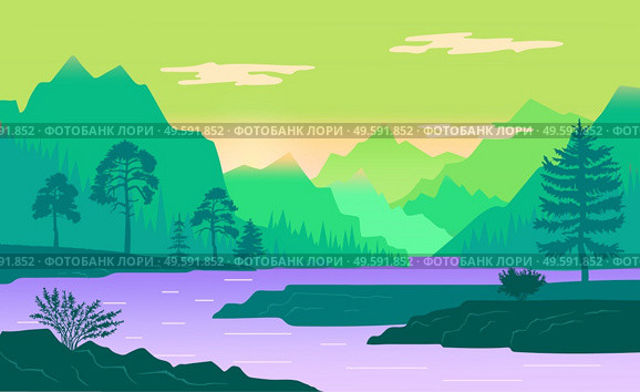 Natural landscape background with mountains, clear sky and clouds, the river flows along the forest shores. A mountain river descends from the peaks and flows through a rocky valley. Beautiful nature. Natural landscape background with mountains, clear sky and the river flows along the forest shores. Стоковая иллюстрация, агентство Ingram Publishing / Фотобанк Лори