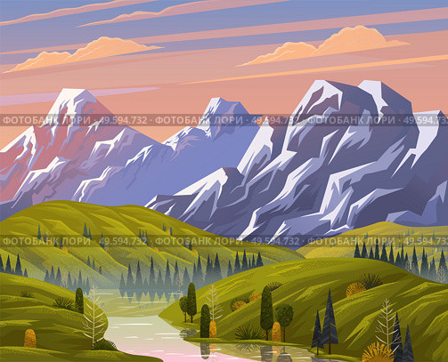 Natural landscape background with mountains, clear sky and clouds, the river flows along the forest shores. A mountain river descends from the peaks and flows through a rocky valley. Beautiful nature. Natural landscape background with mountains, clear sky and the river flows along the forest shores. Стоковая иллюстрация, агентство Ingram Publishing / Фотобанк Лори