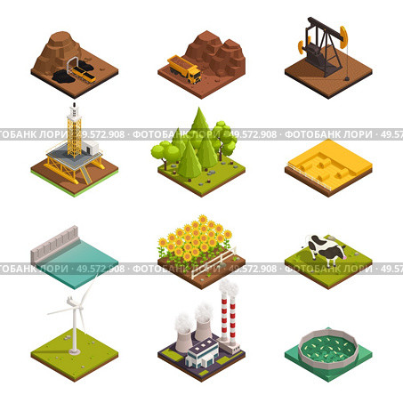 Natural resources isometric icons set with oil extraction coal mining harvesting crops wind turbine fishery vector illustration. Стоковая иллюстрация, агентство Ingram Publishing / Фотобанк Лори