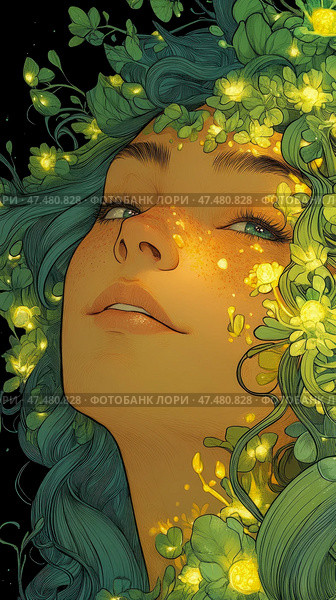 Nature Maiden: allegorical portrait of a maiden adorned with flowers and glowing lights, embodying springtime's beauty and ethereal grace. Стоковое AI-изображение, AI-художник Данила Большаков / Фотобанк Лори