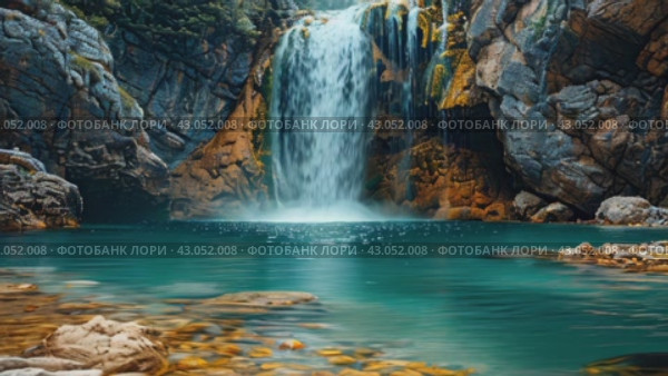 Nature's symphony in motion, as a majestic waterfall plunges into a pristine pool below, amidst a backdrop of vibrant foliage and towering trees. Стоковое AI-видео, аниматор Ирина Михайличенко / Фотобанк Лори