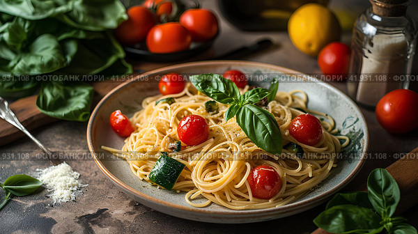 Натюрморт, вкусная домашняя вегетарианская итальянская паста с овощами. Стоковое AI-изображение, AI-художник Щеголева Ольга / Фотобанк Лори
