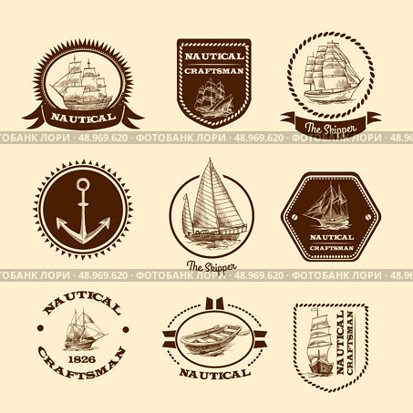 Nautical craftsman skipper emblem set with sketch sailing clipper ships and yachts vector illustration. Стоковая иллюстрация, агентство Ingram Publishing / Фотобанк Лори