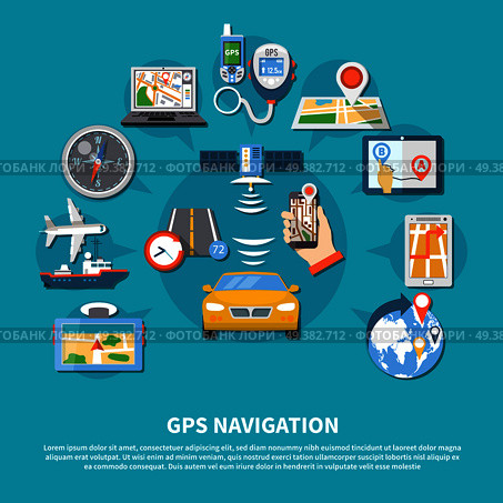 Navigation background with composition of flat conceptual global positioning system images of devices and vehicles with text vector illustration. GPS Navigation System Background. Стоковая иллюстрация, агентство Ingram Publishing / Фотобанк Лори