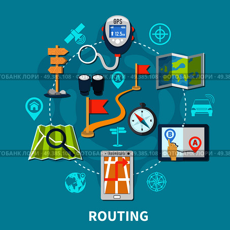 Navigation circle composition of isolated routing images of geolocation equipment and flat silhouettes of gps pictograms vector illustration. Route Navigation Round Composition. Стоковая иллюстрация, агентство Ingram Publishing / Фотобанк Лори