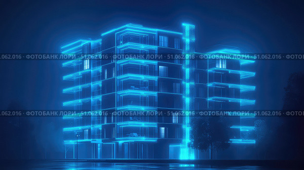 ne glowing effect on apartment building ai generated. Стоковое AI-изображение, AI-художник Vectorwin / Фотобанк Лори