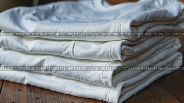 Neatly folded white t-shirts stacked on a wooden surface. Many folded white basic cotton linen presented in rustic interior. Minimalist clothing organization and clean laundry concept. Стоковое AI-видео, аниматор Sergey Grishin / Фотобанк Лори