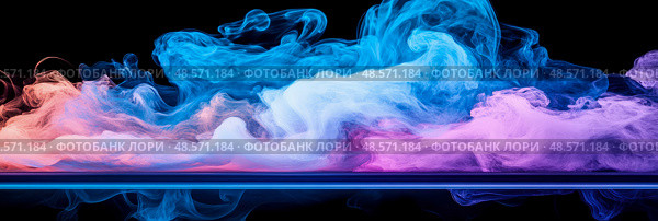 Nebulous Aurora: Abstract cloud of swirling blue, purple, and pink smoke against a black canvas, a cosmic atmospheric horizon. Стоковое AI-изображение, AI-художник Данила Большаков / Фотобанк Лори