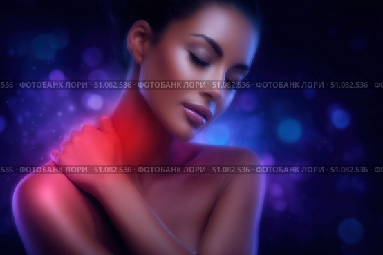 Neck pain, woman suffering from ache, health problems concept. Стоковое AI-изображение, AI-художник Станислав Тарко / Фотобанк Лори