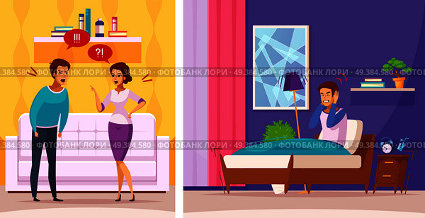 Neighbors during quarrel cartoon composition with loud family conflict and unhappy sleepless man in bed vector illustration . Neighbors During Quarrel Cartoon Composition. Стоковая иллюстрация, агентство Ingram Publishing / Фотобанк Лори