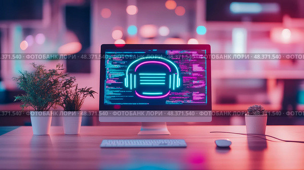 Neon Coded Workspace, Concept: modern work setup, Purpose: technology blog, graphic element for a web landing page about development. Стоковое AI-изображение, AI-художник Данила Большаков / Фотобанк Лори