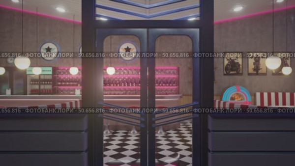 Neon diner and retro car late at night. Fog, rain and colour reflections on asphalt. Retro diner interior. Tile floor, neon illumination, jukebox and retro style bar stools. 3d illustration. Стоковая анимация, аниматор Николай Евсюков / Фотобанк Лори