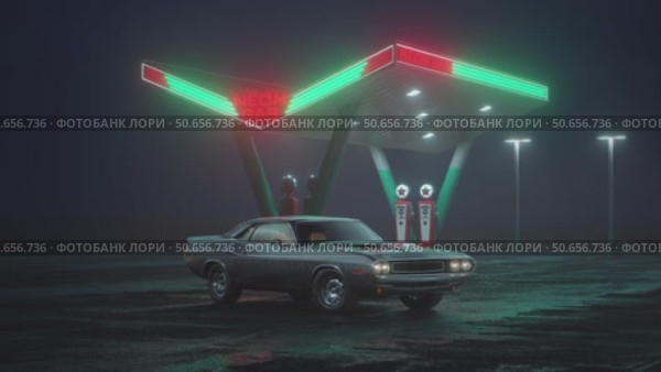 Neon gas station and retro car. Cyberpunk fog rain and night. Colour reflections on asphalt. Dodge challenger. 3d illustration. 4K video. Стоковая анимация, аниматор Николай Евсюков / Фотобанк Лори