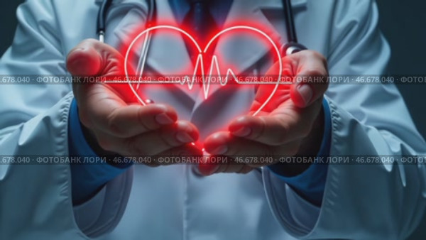 Neon heart with cardiogram in the hands of cardiologist. Concept of prevention and treatment of cardiovascular diseases. Modern medical technologies. Стоковое AI-видео, аниматор Ирина / Фотобанк Лори