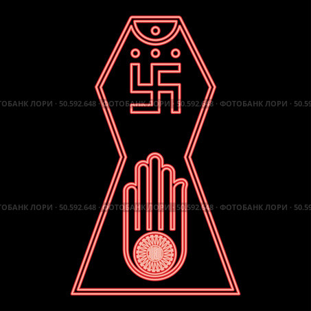 Neon symbol Jainism emblem Jain Prateek Chihna Hand Akhimsa Ahimsa arm religion Dharma Ahinsa Mahavir Jayanti red color vector illustration image flat style light. Neon symbol Jainism emblem Jain Prateek Chihna Hand Akhimsa Ahimsa arm religion Dharma Ahinsa Mahavir Jayanti red color vector illustration image flat style. Стоковая иллюстрация, агентство Ingram Publishing / Фотобанк Лори