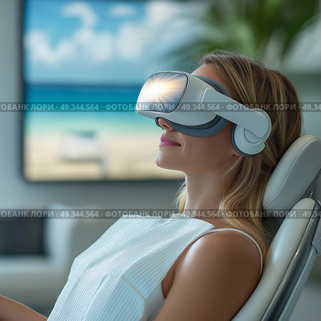 Nervous patient grips chair while using virtual reality headset at dentist. Нервный пациент держится за кресло, используя гарнитуру виртуальной реальности у стоматолога. Стоковое AI-изображение, AI-художник Katsiaryna Repich / Фотобанк Лори