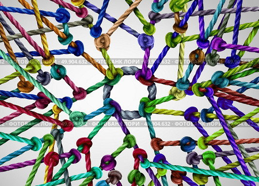 Network center nucleus as a vast diverse group of ropes tied and connected to a centralized circle as a technology and global internet metaphor for being linked together. Стоковое фото, агентство Ingram Publishing / Фотобанк Лори