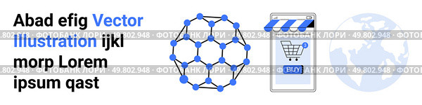 Network model connected with blue nodes, online shopping cart icon on smartphone, faded globe in the background. Ideal for tech industry, digital commerce, e-commerce, global market, network. Network model connected with nodes, online shopping cart icon, and faded globe background. Стоковая иллюстрация, агентство Ingram Publishing / Фотобанк Лори