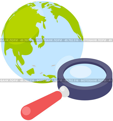 Network navigation and worldwide connection concept. Planet Earth and loupe as symbols of global search system. Globe and magnifying glass, global geography, Magnifier near planet vector illustration. Network navigation and worldwide connection. Planet and loupe as symbols of global search system. Стоковая иллюстрация, агентство Ingram Publishing / Фотобанк Лори