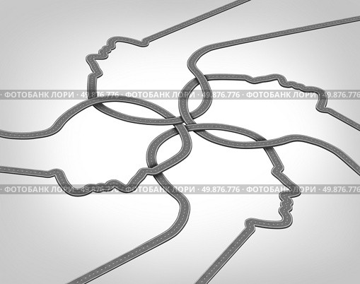 Network team business concept with a group of merging roads and highways shaped as a human head converging and coming together connected as a community partnership tat are crossing paths. Стоковое фото, агентство Ingram Publishing / Фотобанк Лори