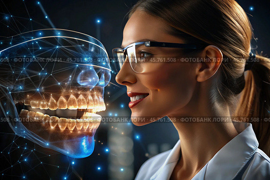 New digital artificial intelligence technologies in dental prosthetics. Implants. A female dentist with a perfect smile and digital dental graphics on a virtual screen. The concept of dental health and dental care. Стоковое AI-изображение, AI-художник Photojuli / Фотобанк Лори