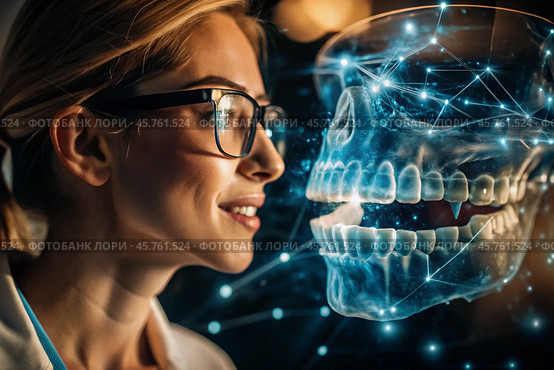 New digital artificial intelligence technologies in dental prosthetics. Implants. A female dentist with a perfect smile and digital dental graphics on a virtual screen. Стоковое AI-изображение, AI-художник Photojuli / Фотобанк Лори