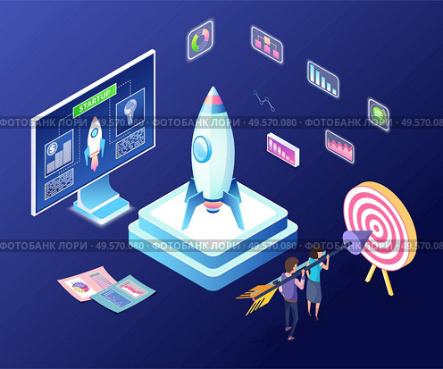 New project launching vector, 3d workers aiming at target holding big arrow, isometric computer monitor with information and rocket, infocharts and infographics. Business Startup, People Working on New Project. Стоковая иллюстрация, агентство Ingram Publishing / Фотобанк Лори