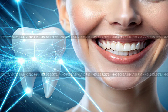 New technologies in dental prosthetics. Implants. Close-up of a smiling woman with a healthy perfect smile. The concept of dental health and dental care. Стоковое AI-изображение, AI-художник Photojuli / Фотобанк Лори