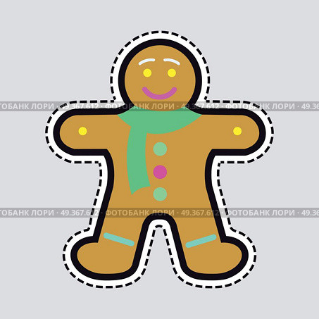 New Year Decorated Gingerbread in Shape of Man. Gingerbread man decorated colored icing. Holiday cookie in shape of man. Qualitative vector illustration for new year s day, christmas, winter holiday, cooking, new year s eve, food, silvester. Стоковая иллюстрация, агентство Ingram Publishing / Фотобанк Лори