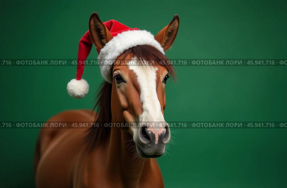 New Year horse Portrait in Santa Claus Hat Green, Christmas Card. AI-generated. Стоковое AI-изображение, AI-художник Spirit River / Фотобанк Лори
