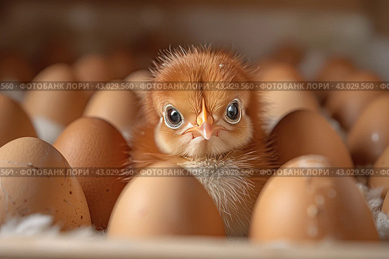 Newborn little yellow chicken in the incubator. Hatching eggs in incubator. Group of small cute newborn chicks. Стоковое AI-изображение, AI-художник Ирина Михайличенко / Фотобанк Лори