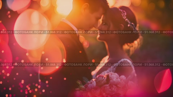 Newlyweds share a tender moment enveloped by the golden hues of sunset and twinkling light bubbles. Стоковое AI-видео, аниматор Данила Большаков / Фотобанк Лори