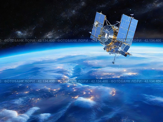 Night view of the Earth from a satellite. Space. Planet in the universe. Стоковое AI-изображение, AI-художник Сергей Елизарьев / Фотобанк Лори