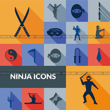 Ninja icons black long shadow set with traditional east weapon isolated vector illustration. Ninja Icons Black Set. Стоковая иллюстрация, агентство Ingram Publishing / Фотобанк Лори