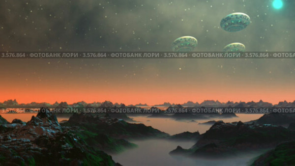 НЛО над горами. Фантастическая планета. Стоковая анимация, аниматор Valeriu Panfilov / Фотобанк Лори